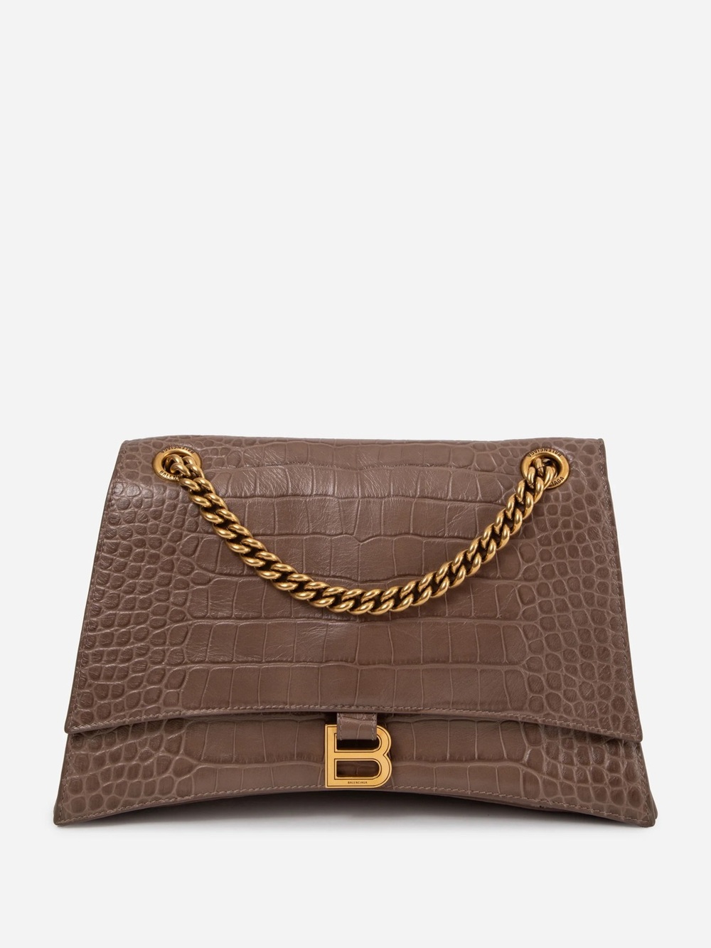 Balenciaga Brown Calfskin Crocodile Embossed Medium Crush Shoulder Chain Bag